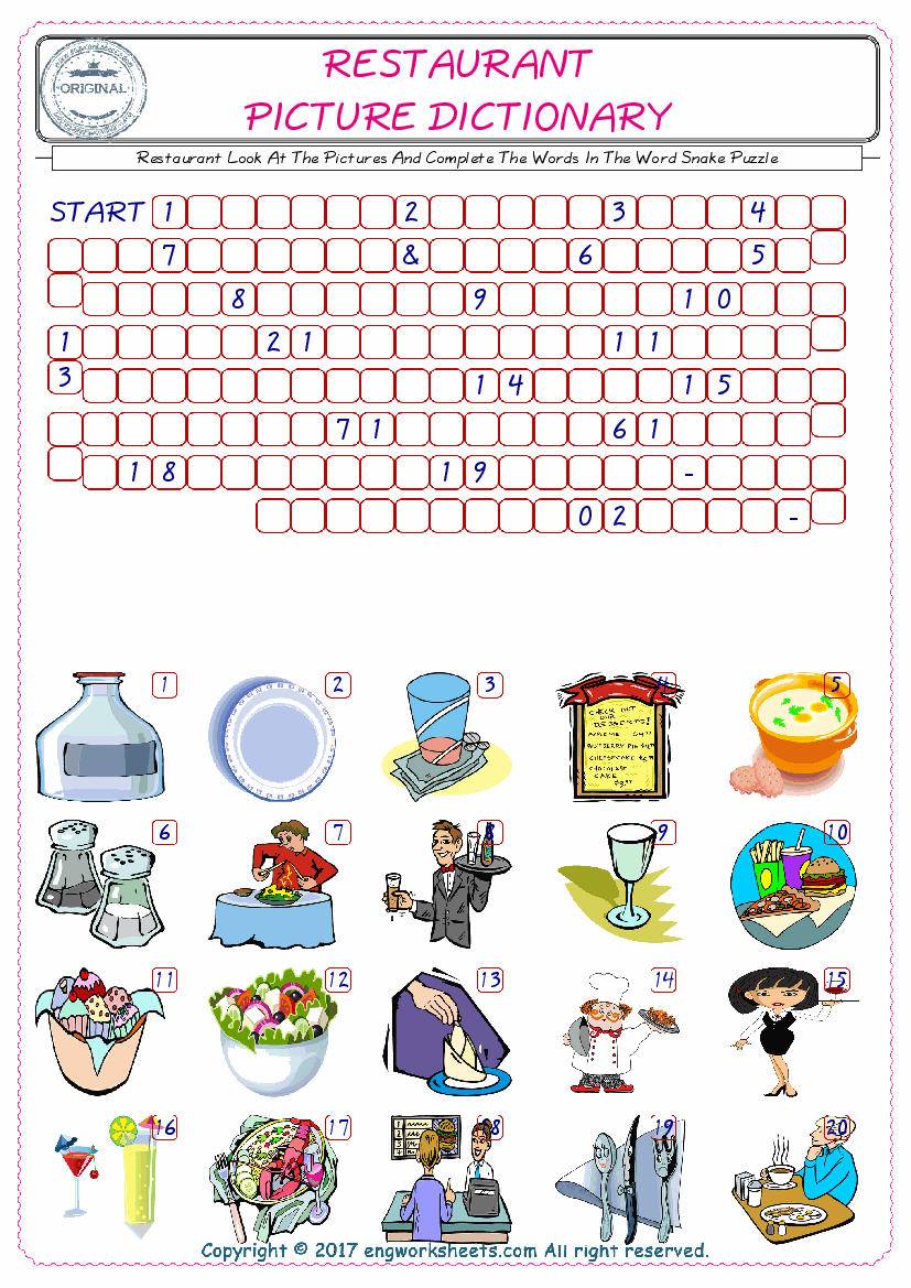  Check the Illustrations of Restaurant english worksheets for kids, and Supply the Missing Words in the Word Snake Puzzle ESL play. 